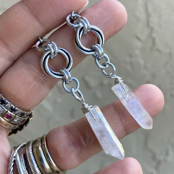 Quartz dangly earrings. Handmade twisted celtic hoop & angel aura crystal quartz - Picture 3 of 15
